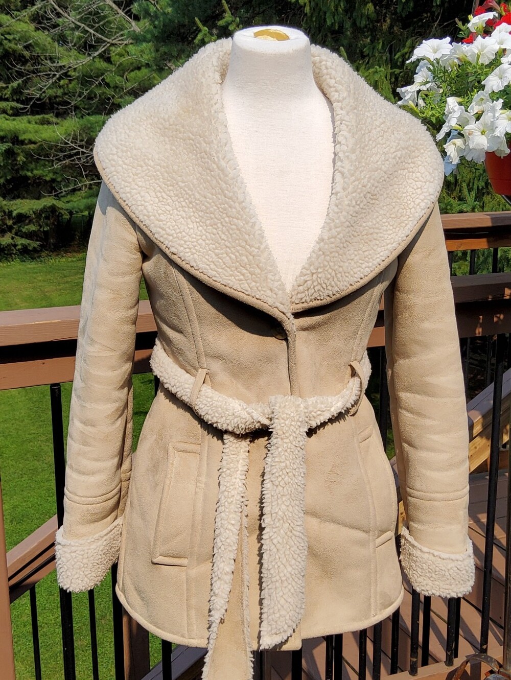 Dennis Basso Studio Cream/Tan Faux Shearling-Trim Suede Belted Jacket